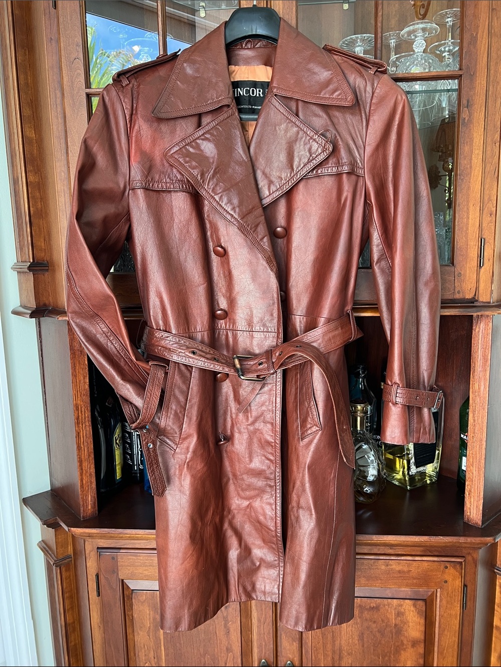 Leather Trench Coat in Oxblood Cordovan Brown